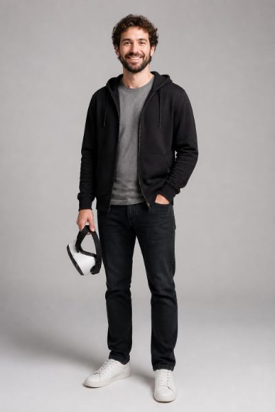 Left performer: tech founder in a black hoodie holding a VR headset