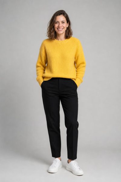 Right performer: woman in a yellow sweater and black trousers
