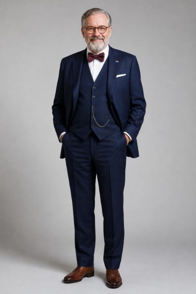 Right performer: senator in a navy three-piece suit and bow tie